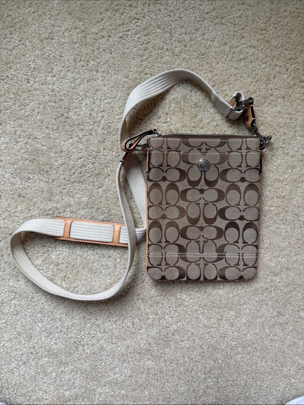 Coach Beige/Tan Signature Canvas Crossbody Pouch with Cream Strap
